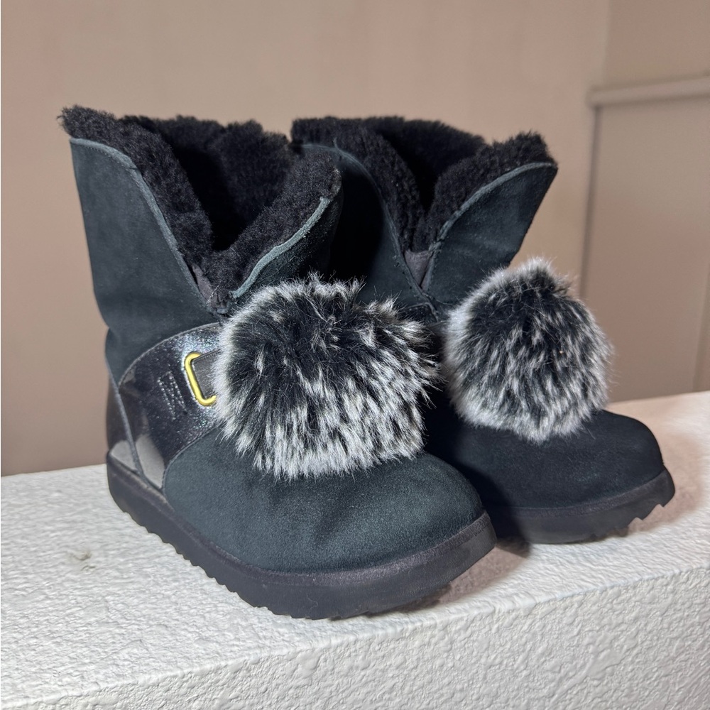 UGG Black Kids Boots with Faux Fur Pom Poms